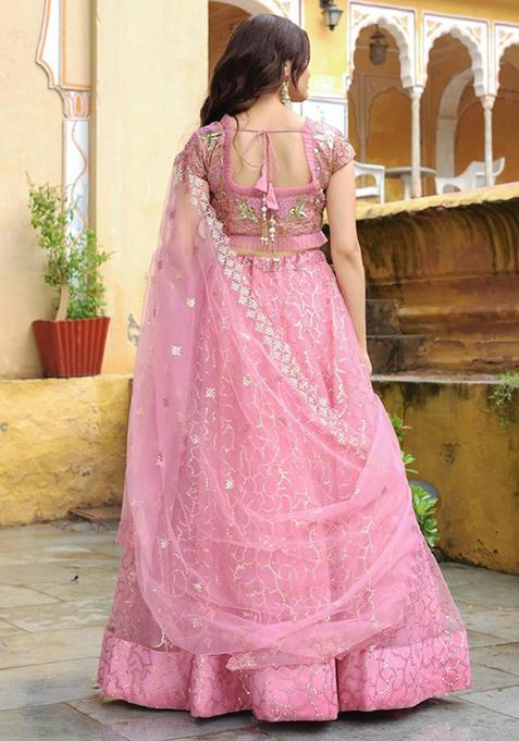 Blush Pink Embroidered Net Lehenga Set