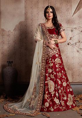 Maroon Embroidered Net Lehenga Set