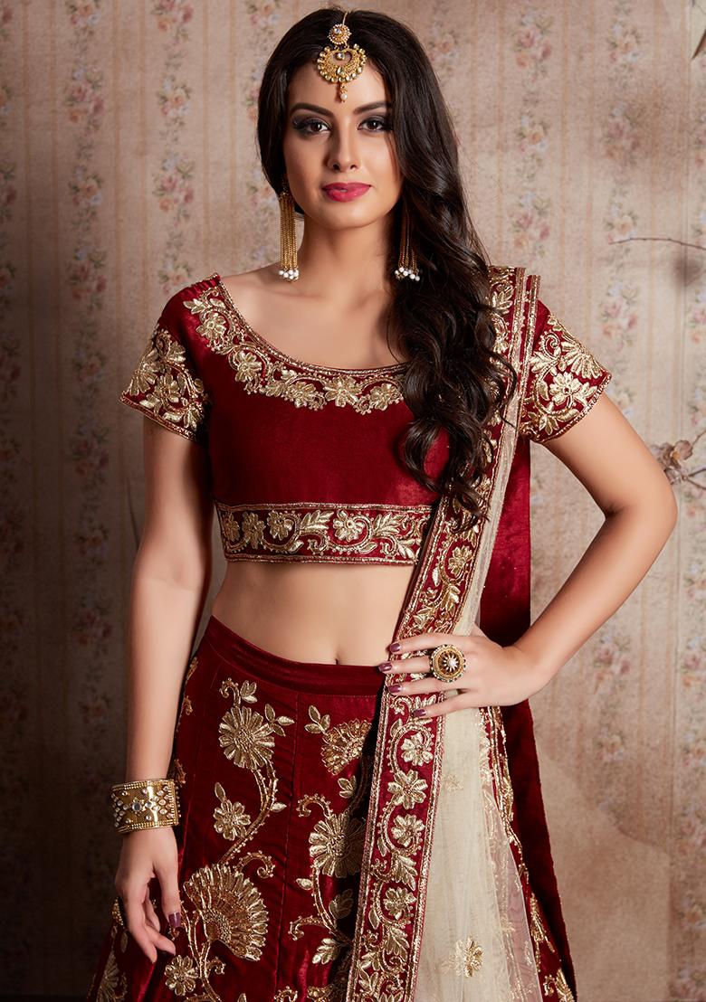 Maroon Embroidered Net Lehenga Set