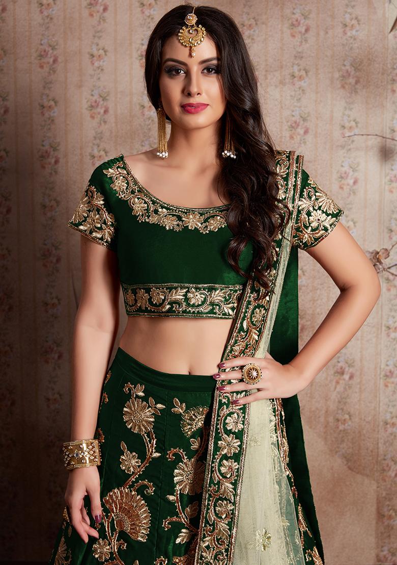 Green Embroidered Net Lehenga Set