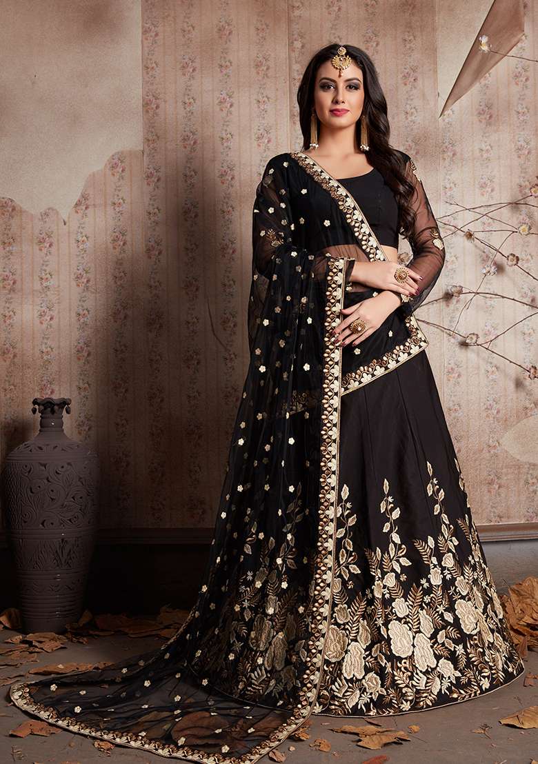 Black Silk Blend Lehenga Set with Embroidered for Diwali | Wedding & Festive Wear - Indya