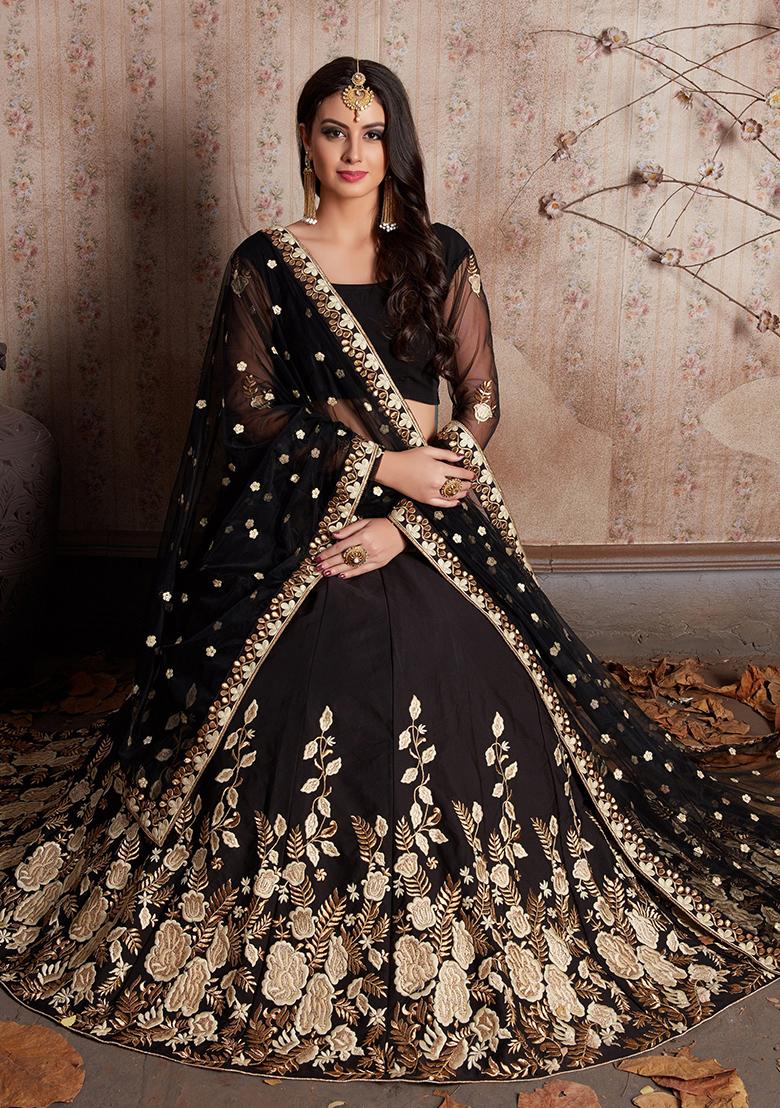 Black Embroidered Silk Lehenga Set