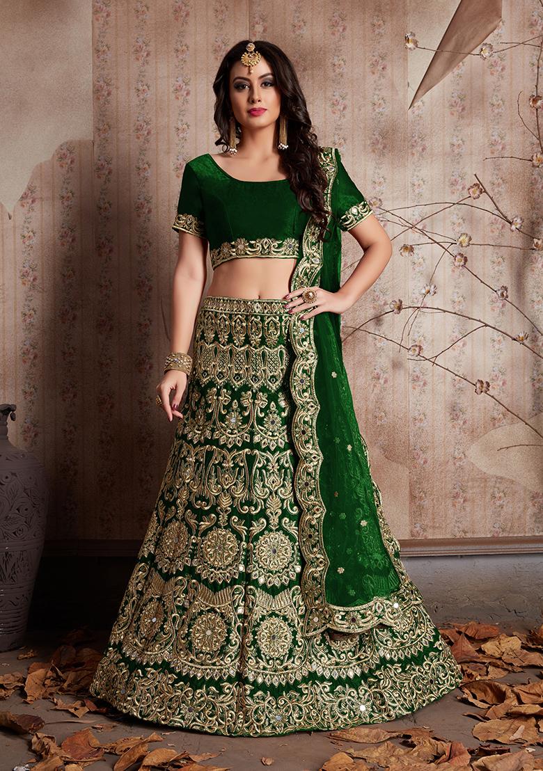 Green Embroidered Net Lehenga Set