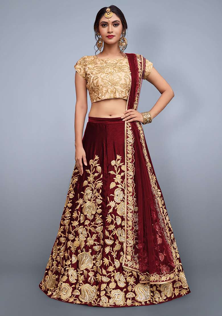 Maroon Net Lehenga Set with Embroidered for Diwali | Wedding & Festive Wear - Indya