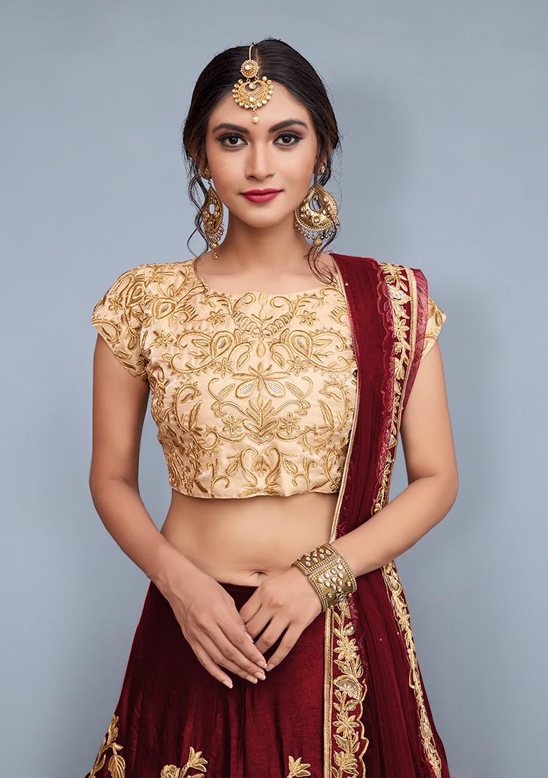 Maroon Embroidered Net Lehenga Set