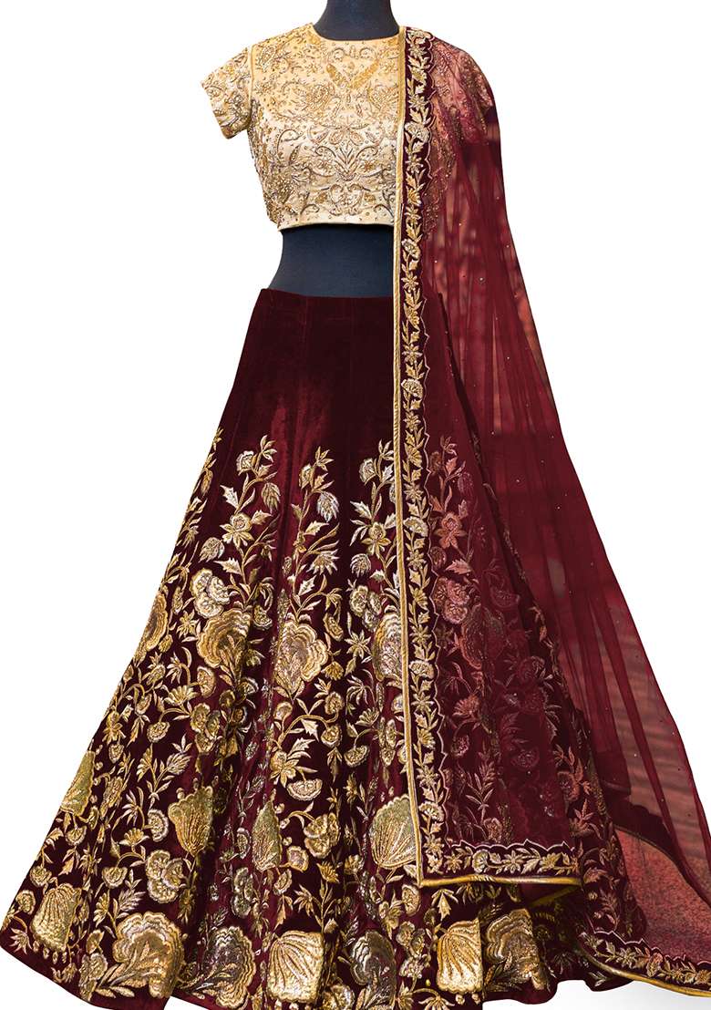 Maroon Net Lehenga Set with Embroidered for Diwali | Wedding & Festive Wear - Indya