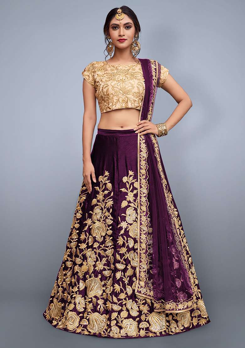 Wine Embroidered Net Lehenga Set for Diwali and Festive Wear - Indya