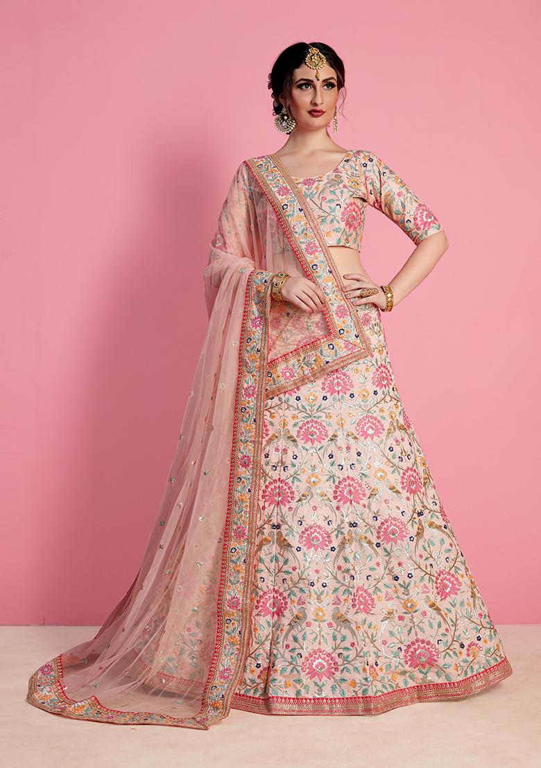 Baby Pink Embroidered Art Silk Lehenga Set
