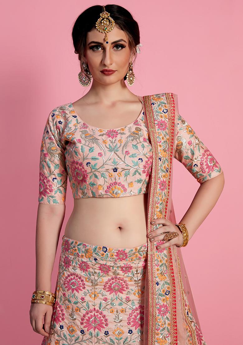 Baby Pink Embroidered Art Silk Lehenga Set