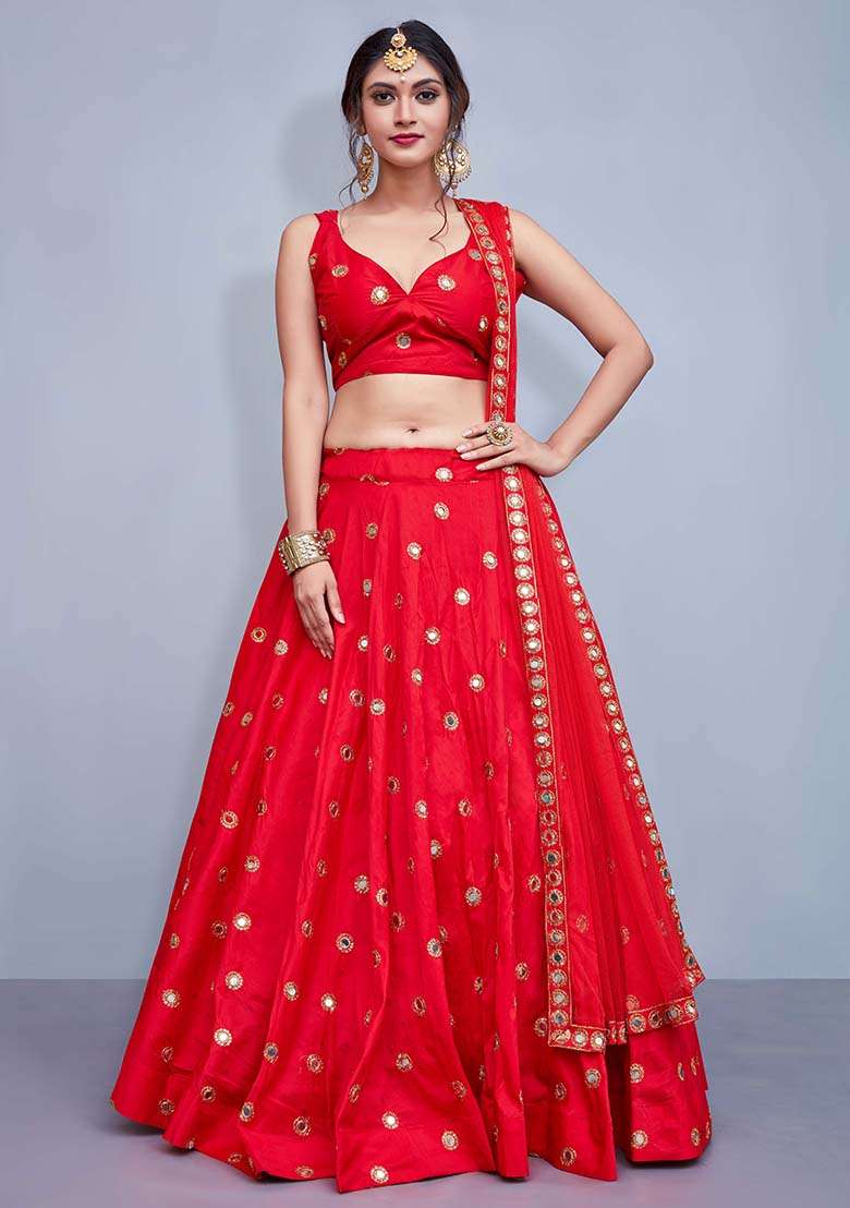 Red Blend Art Silk Lehenga Set with Embroidered for Diwali | Wedding & Festive Wear - Indya