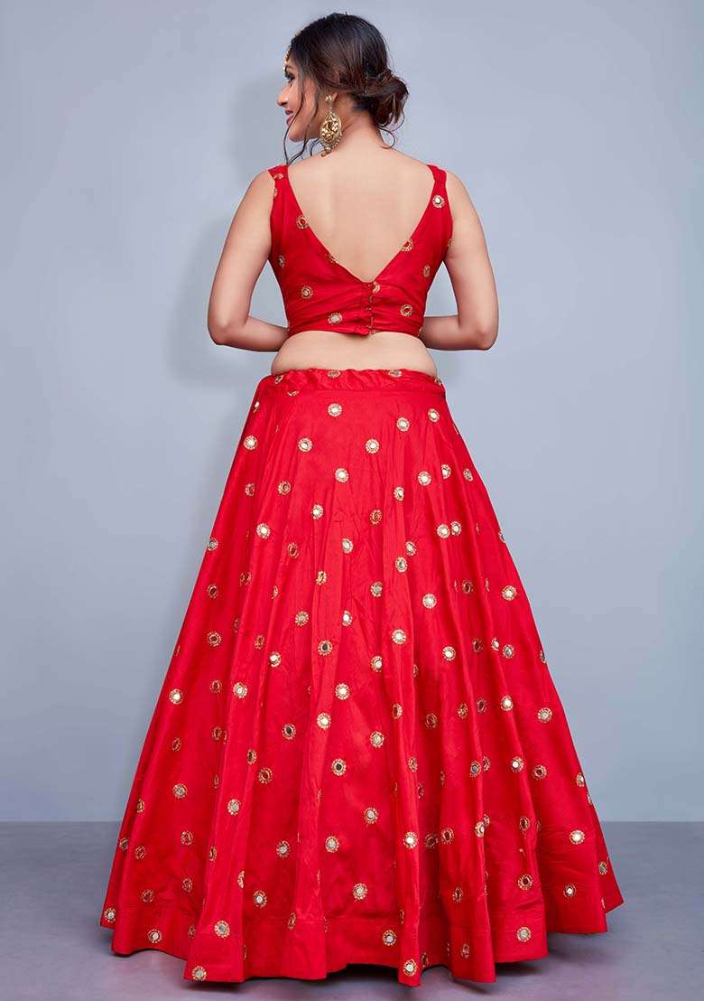 Red Blend Art Silk Lehenga Set with Embroidered for Diwali | Wedding & Festive Wear - Indya
