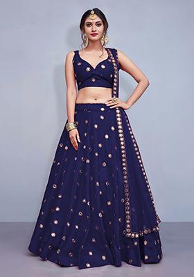 Navy Blue Embroidered Art Silk Lehenga Set