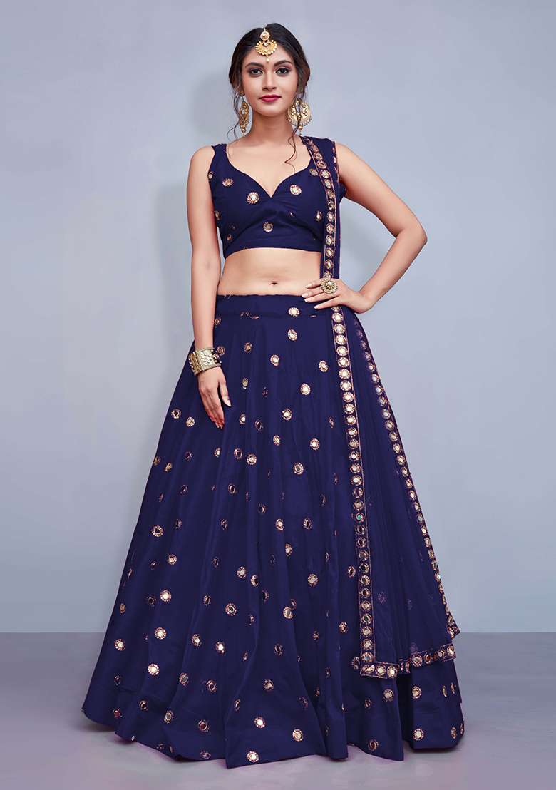 Navy Blue Embroidered Art Silk Blend Lehenga Set for Diwali and Festive Wear - Indya
