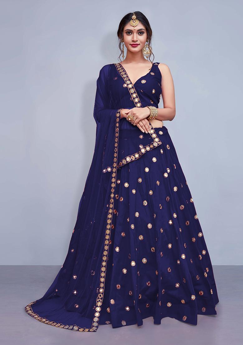 Navy Blue Embroidered Art Silk Lehenga Set