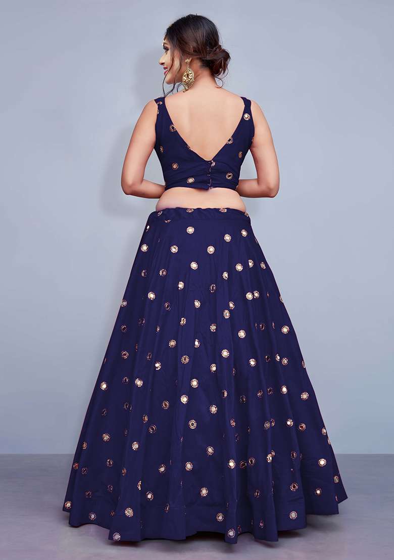 Navy Blue Embroidered Art Silk Blend Lehenga Set for Diwali and Festive Wear - Indya
