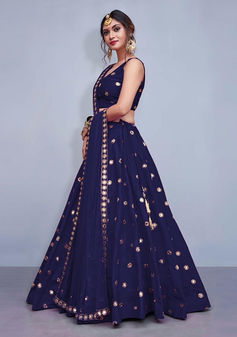 Navy Blue Embroidered Art Silk Lehenga Set
