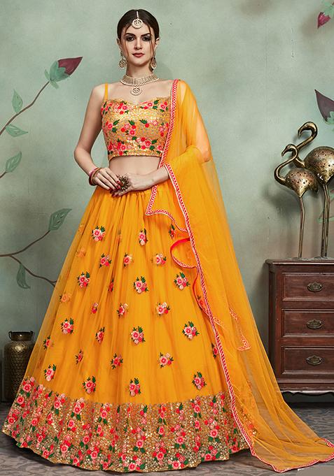 Mustard Embroidered Net Lehenga Set