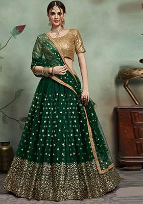 Green Embroidered Net Lehenga Set