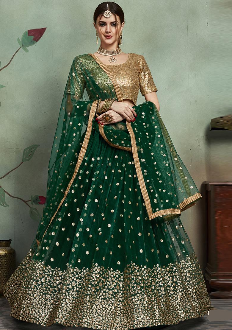 Green Embroidered Net Lehenga Set