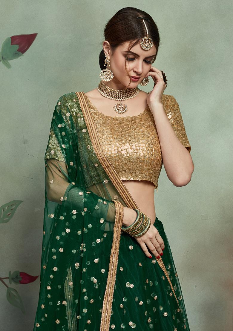 Green Embroidered Net Lehenga Set