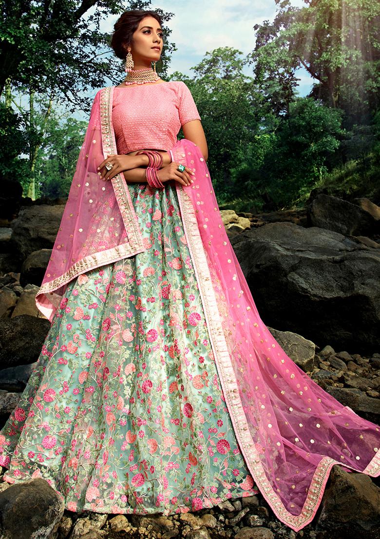 Sea Green Embroidered Net Lehenga Set