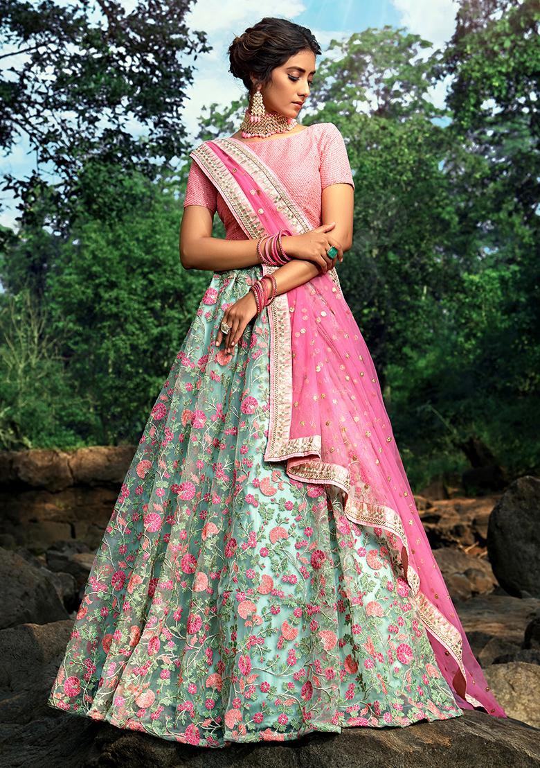 Sea Green Embroidered Net Lehenga Set