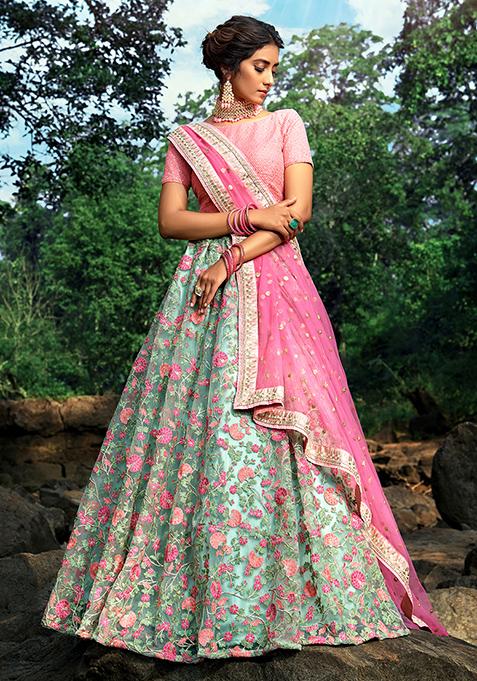 Sea Green Embroidered Net Lehenga Set