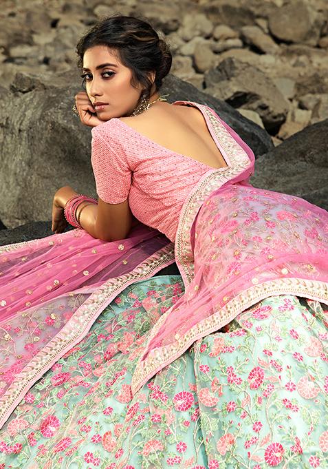 Sea Green Embroidered Net Lehenga Set