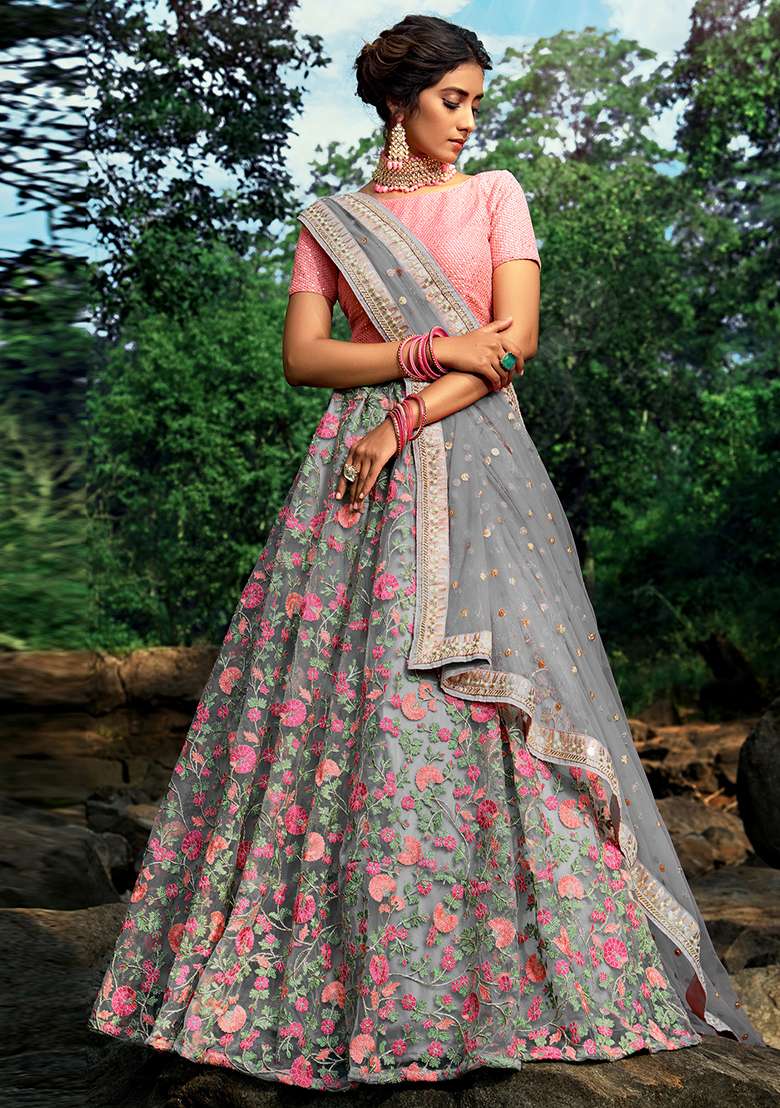 Grey Embroidered Net Lehenga Set - Indya