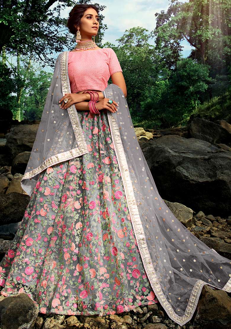 Grey Embroidered Net Lehenga Set - Indya