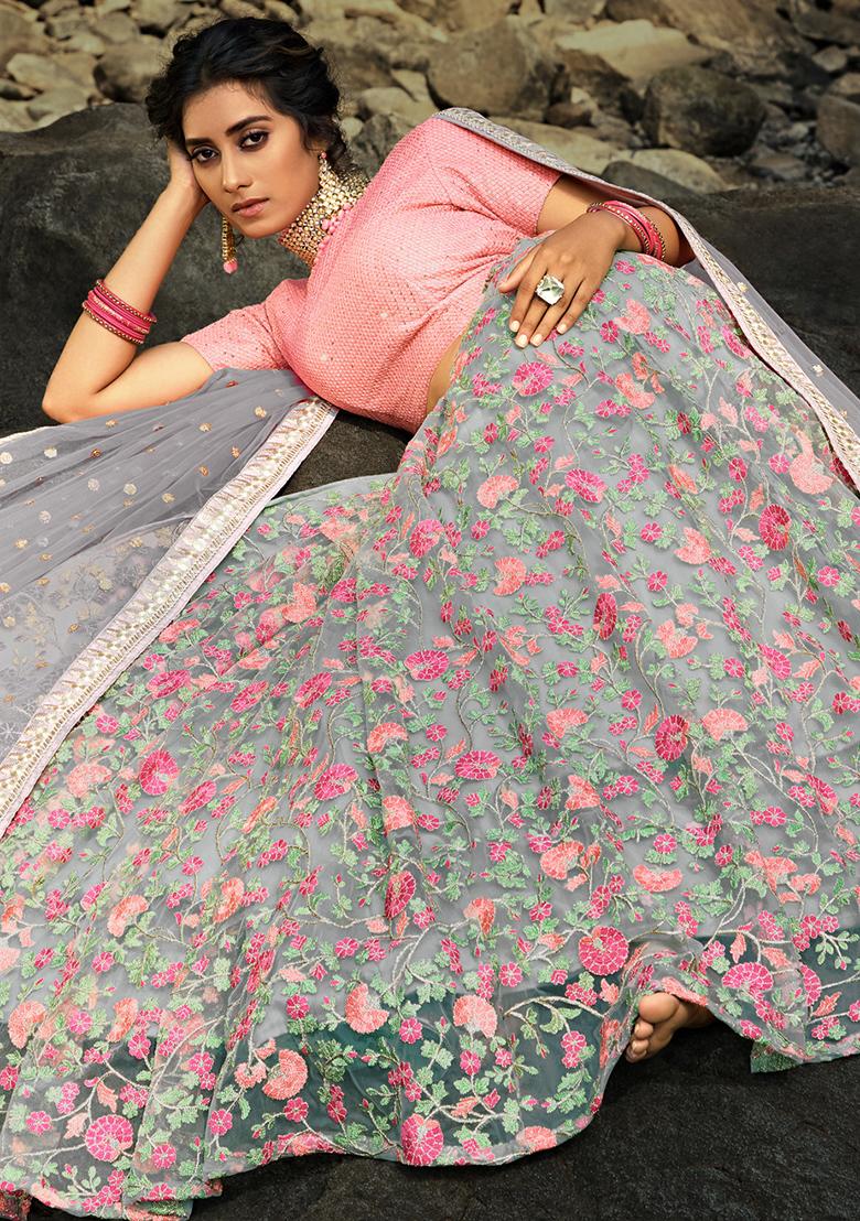 Grey Embroidered Net Lehenga Set