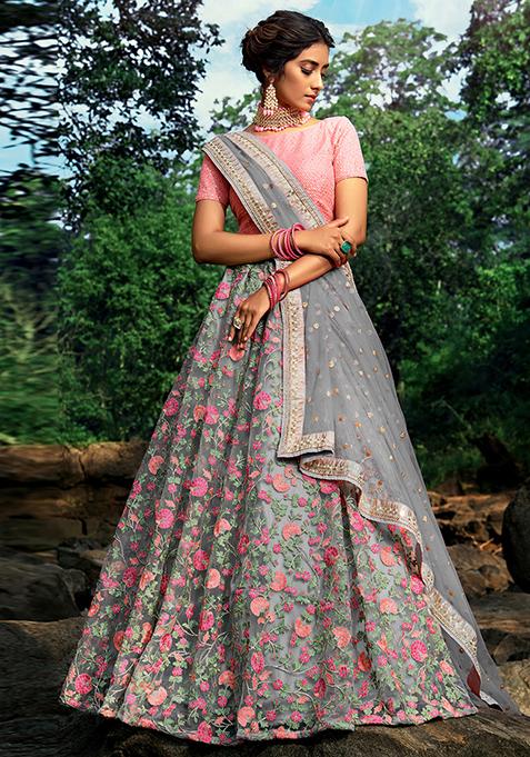 Grey Embroidered Net Lehenga Set