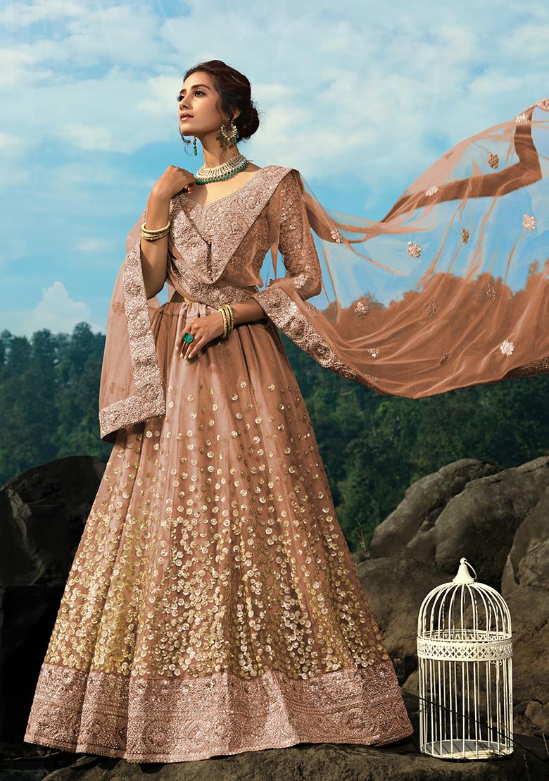 Brown Embroidered Net Lehenga Set