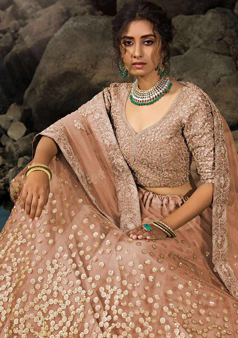 Brown Embroidered Net Lehenga Set for Diwali and Festive Wear - Indya