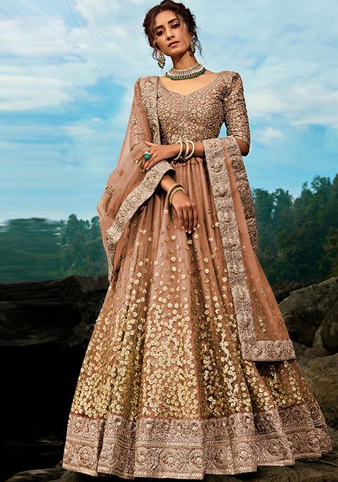 Brown Embroidered Net Lehenga Set