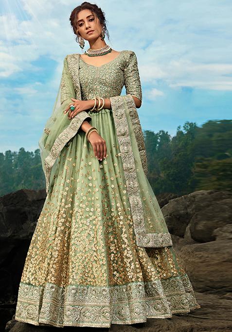 Green Embroidered Net Lehenga Set