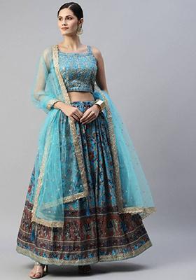 Sky Blue Embroidered Chinon Lehenga Set