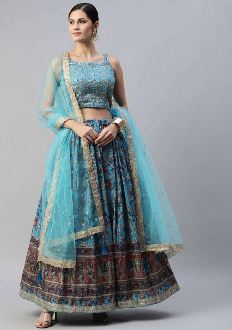 Sky Blue Embroidered Chinon Lehenga Set for Diwali and Festive Wear - Indya
