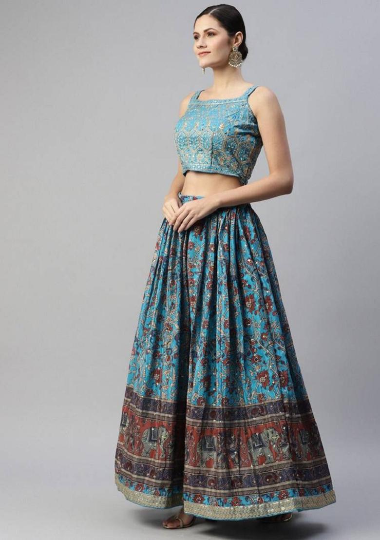 Sky Blue Embroidered Chinon Lehenga Set