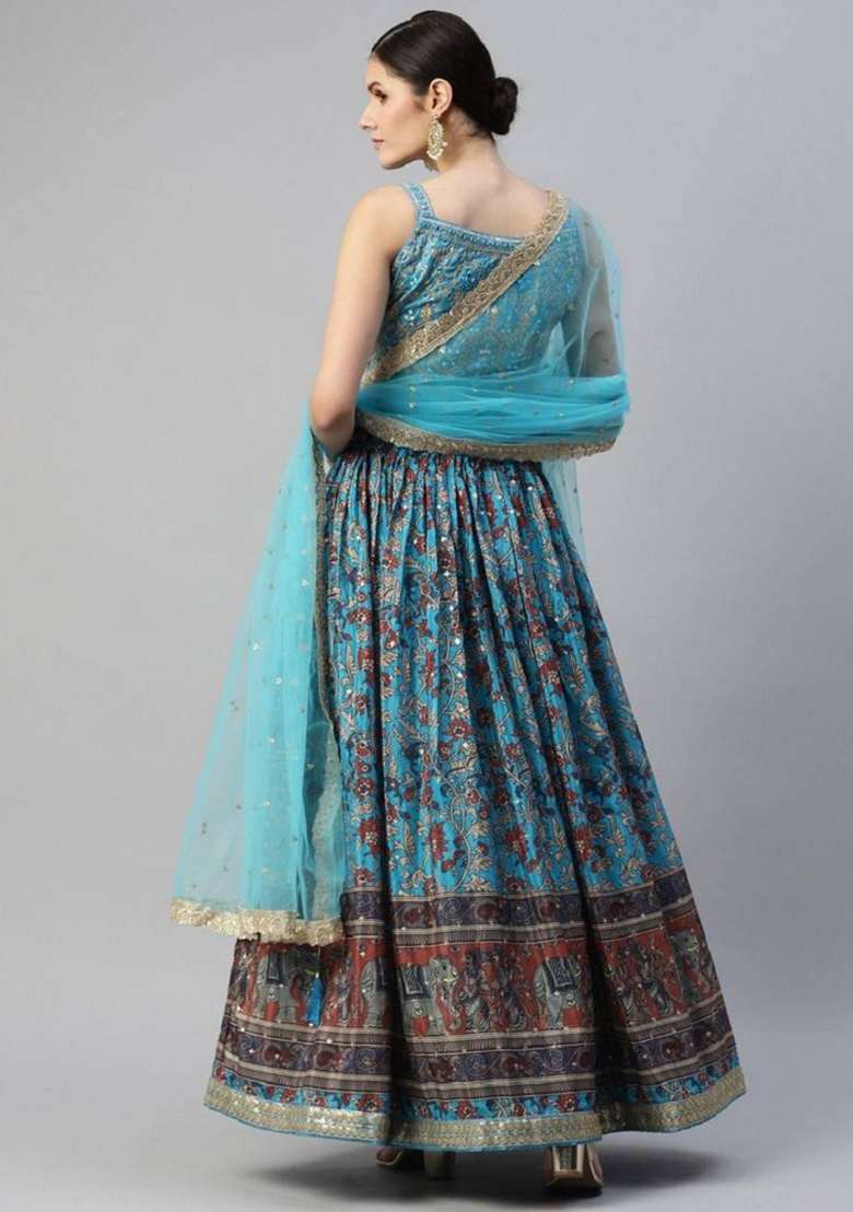 Sky Blue Embroidered Chinon Lehenga Set for Diwali and Festive Wear - Indya