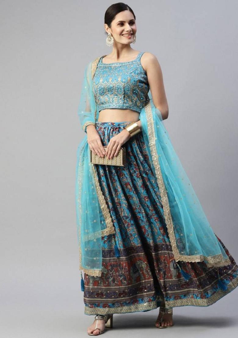 Sky Blue Embroidered Chinon Lehenga Set