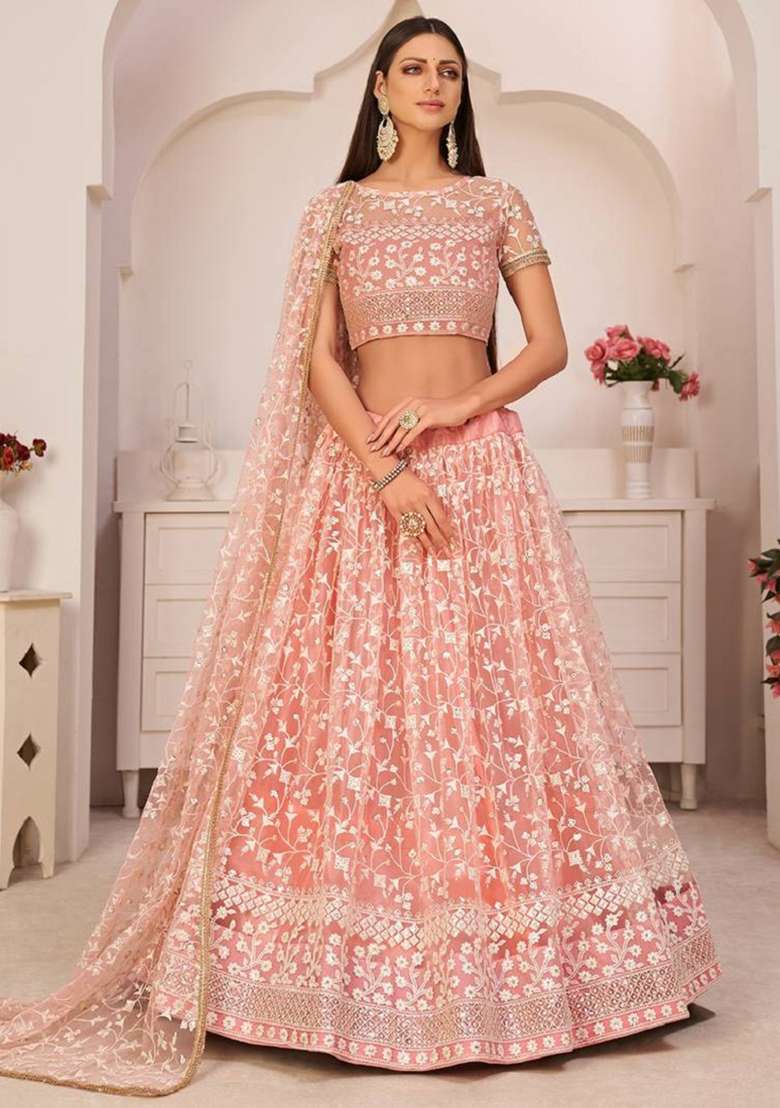 Peach Embroidered Net Lehenga Set for Diwali and Festive Wear - Indya