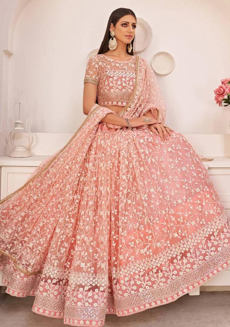 Peach Embroidered Net Lehenga Set