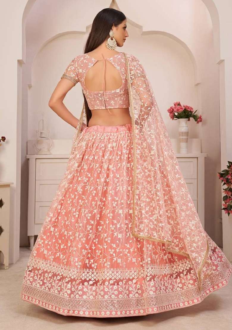 Peach Embroidered Net Lehenga Set for Diwali and Festive Wear - Indya