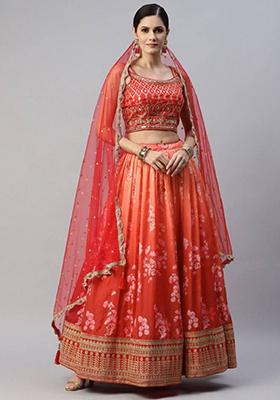 Orange Embroidered Silk Lehenga Set