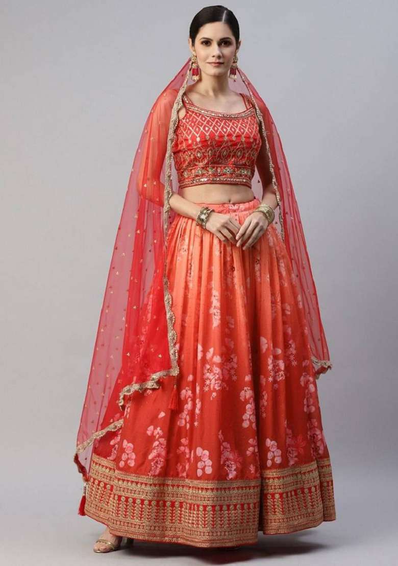 Orange Embroidered Silk Blend Lehenga Set for Diwali and Festive Wear - Indya
