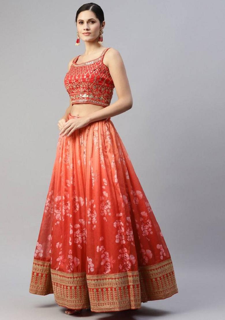 Orange Embroidered Silk Lehenga Set