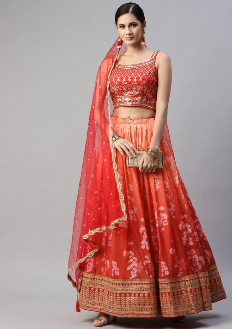 Orange Embroidered Silk Lehenga Set