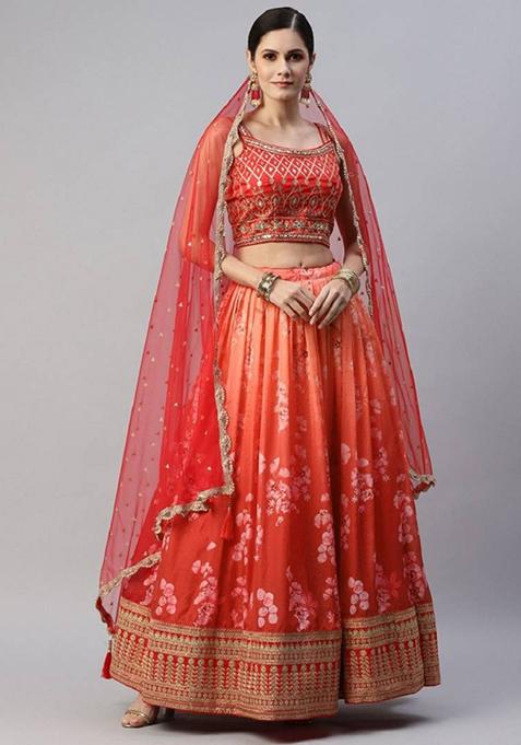Orange Embroidered Silk Lehenga Set