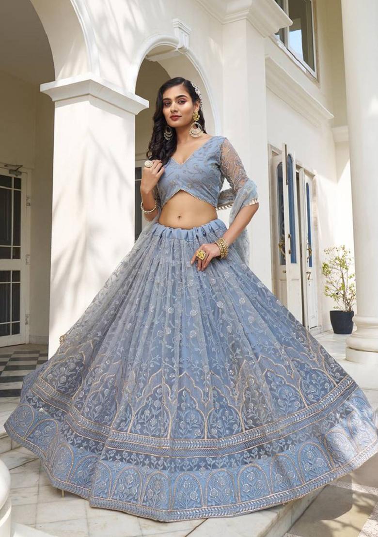 Grey Embroidered Net Lehenga Set